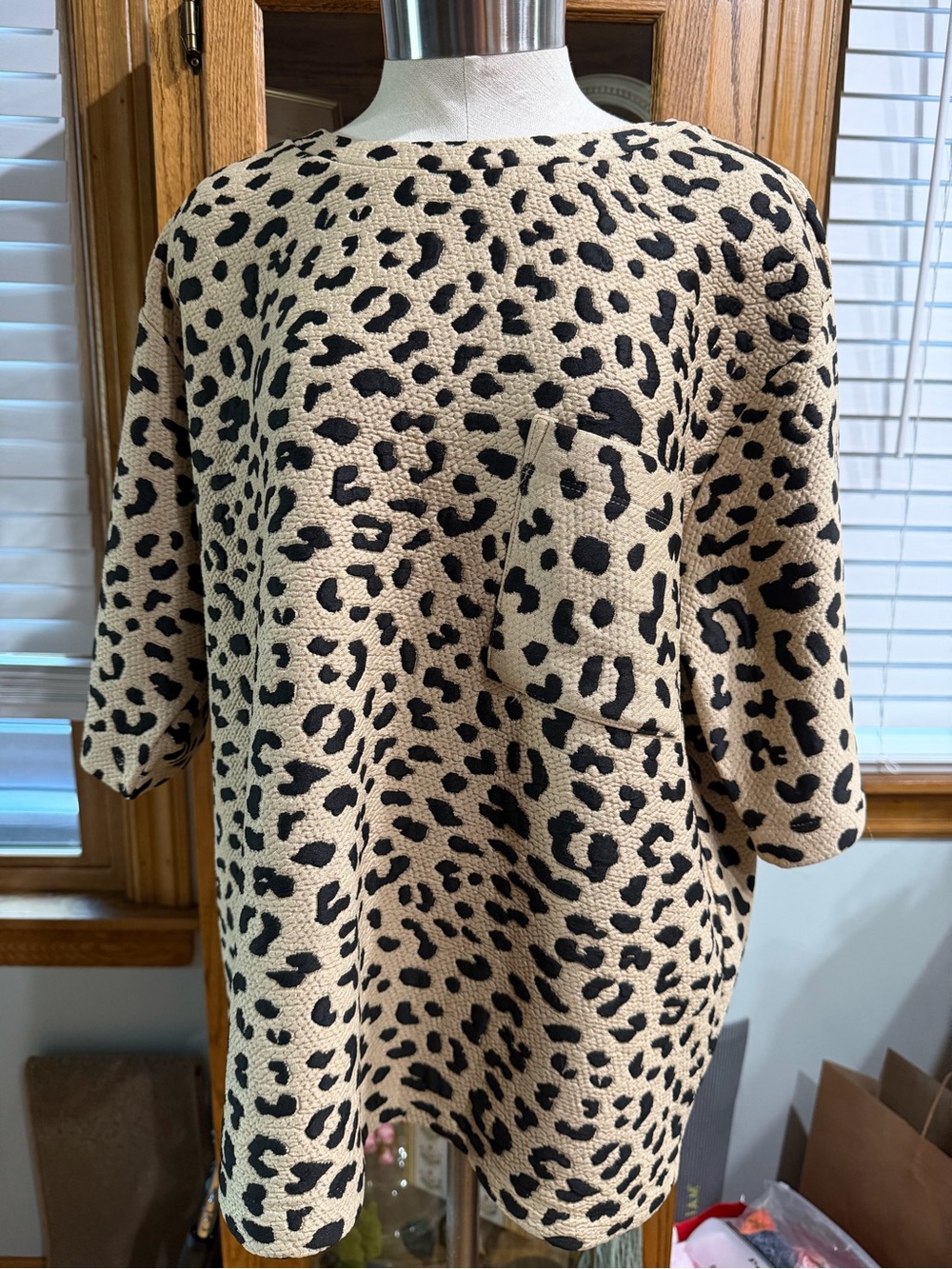 She + Sky Beige and Black Leopard Print Textured Short Sleeve Top